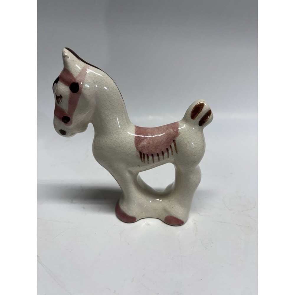 Vintage Hand Painted Pottery Horse Figurine Crackle Glaze Pink Brown Folk Art 4"